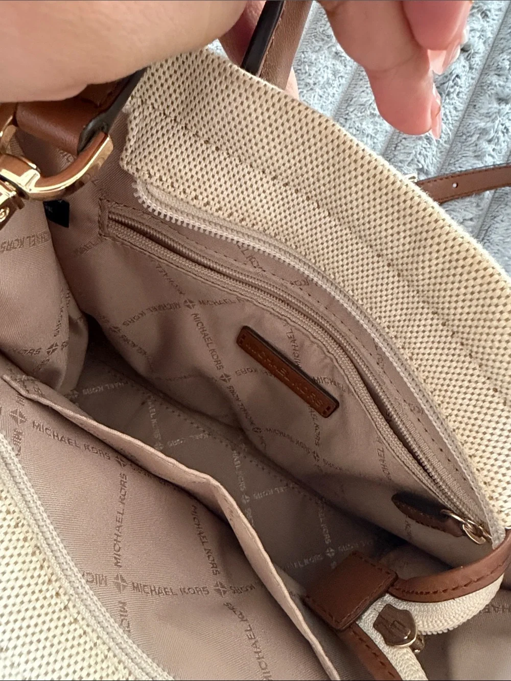 MICHAEL KORS Beige Canvas Satchel with Brown Leather Trim